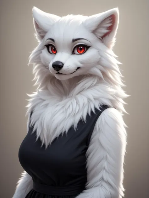 a white fox with red eyes and a black dress