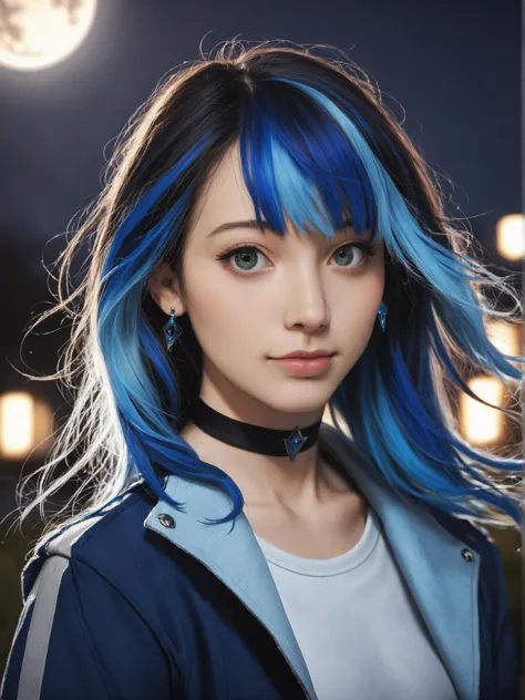 a woman with blue hair and a choker looks at the camera