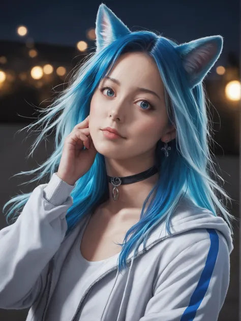 a woman with blue hair wearing a cat ear and a white jacket