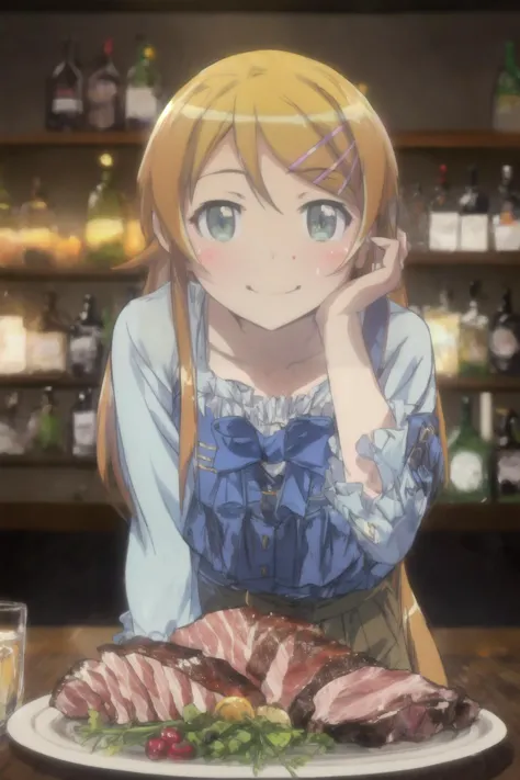 anime girl sitting at a table with a plate of food