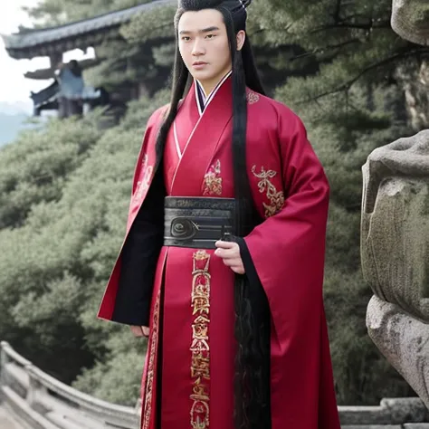 arafed asian man in red and black outfit standing on steps