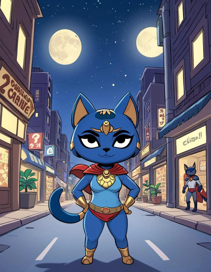 A cartoon cat in a superhero costume stands on a street - SeaArt AI