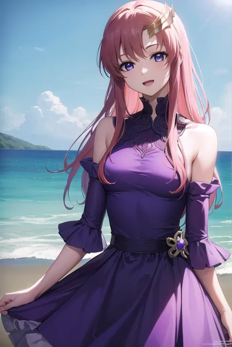 a woman in a purple dress standing on a beach next to the ocean