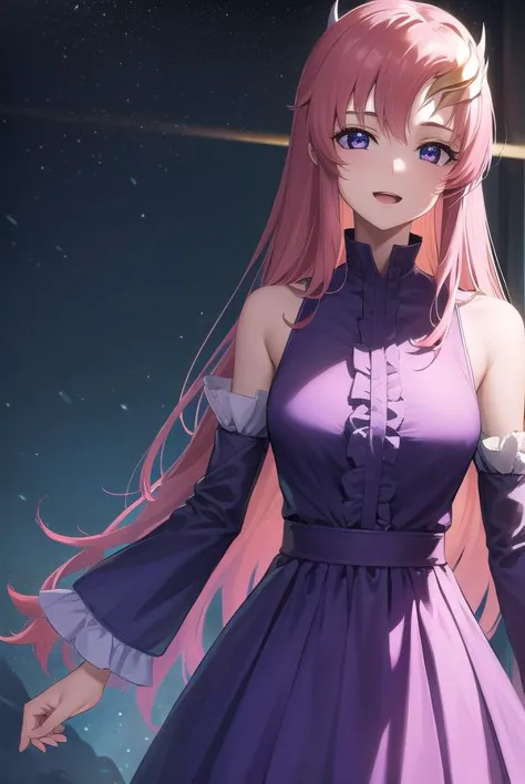 lacusclyne, <lora:lacusclyne-lora-nochekaiser:1>,
lacus clyne, (purple eyes:1.1), hair ornament, long hair, wave hair ornament, pink hair, smile, open mouth,
BREAK dress, long dress, long sleeves, white sleeves, frills frilled skirt, frilled sleeves, detached sleeves, bare shoulders, purple skirt, purple frills,
BREAK looking at viewer, (cowboy shot:1.5),
BREAK outdoors, space, star \(sky\), sun, 
BREAK <lyco:GoodHands-beta2:1>, (masterpiece:1.2), best quality, high resolution, unity 8k wallpaper, (illustration:0.8), (beautiful detailed eyes:1.6), extremely detailed face, perfect lighting, extremely detailed CG, (perfect hands, perfect anatomy),