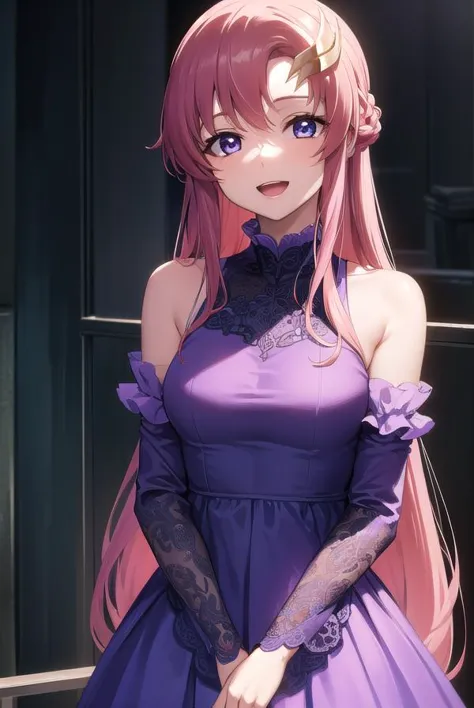 lacusclyne, lacus clyne, (purple eyes:1.1), hair ornament, long hair, wave hair ornament, pink hair, smile, open mouth,
BREAK dress, long dress, long sleeves, white sleeves, frills frilled skirt, frilled sleeves, detached sleeves, bare shoulders, purple skirt, purple frills,
BREAK looking at viewer, (cowboy shot:1.5),
BREAK outdoors, space, star \(sky\), sun, 
BREAK (masterpiece:1.2), best quality, high resolution, unity 8k wallpaper, (illustration:0.8), (beautiful detailed eyes:1.6), extremely detailed face, perfect lighting, extremely detailed CG, (perfect hands, perfect anatomy),