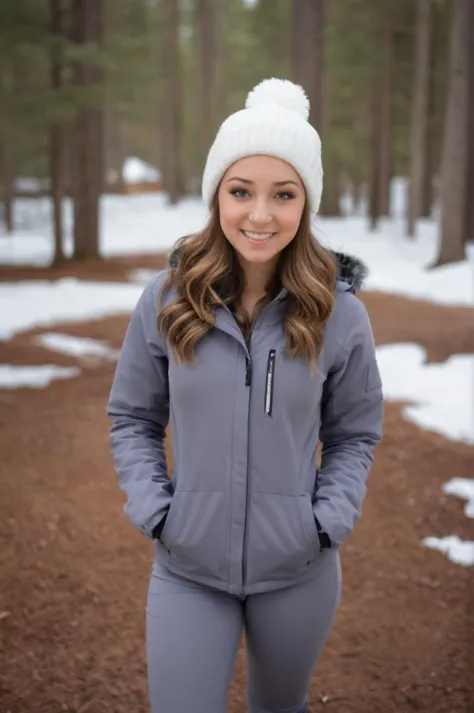 a woman in a gray jacket and white hat standing in the snow