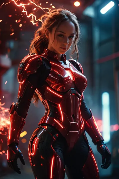 glowneon, glowing storm, remy lacroix, emitting sparks and electricity, dark red and black, mech suit, cinematic film still <lor...