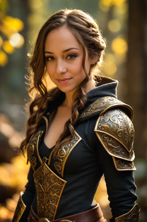 remy lacroix, roguelike dnd, female rogue hair, canvas hood, light armor, intricate black armor, gold accents, beautiful, advent...