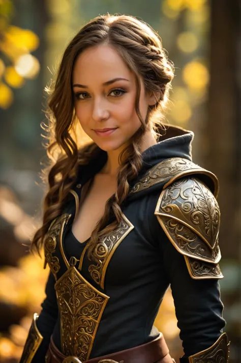 a woman in a black and gold outfit posing for a picture