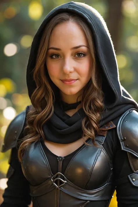 remy lacroix, roguelike dnd, female rogue hair, canvas hood, light armor, black armor, beautiful, adventure core, Cinematic ligh...