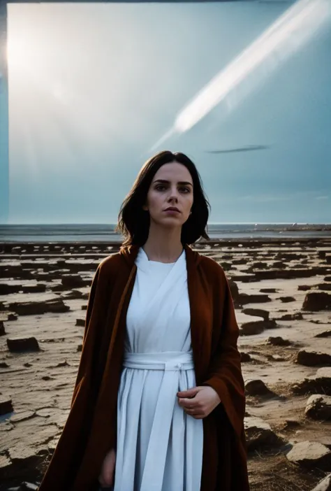 a woman in a white dress and brown coat standing on a beach