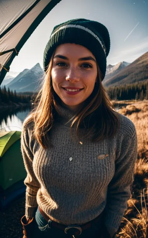 1 woman ((upper body selfie, happy)), masterpiece, best quality, ultra-detailed, solo, outdoors, (night), mountains, nature, (stars, moon) cheerful, happy, backpack, sleeping bag, camping stove, water bottle, mountain boots, gloves, sweater, hat, flashligh...