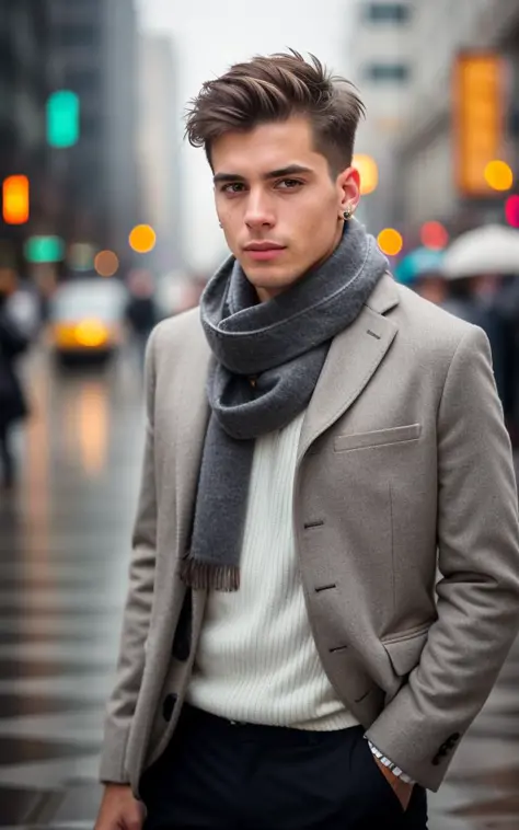 best quality, ultra photorealistic, photorealism, 8k, photograph, photo of a young man, jacket, ear studs, gray scarf, sweater, short windswept light brown hair, fit, beautiful, (effeminate), (shaved), eyeliner, standing on the walkway, background is a crowded street, bokeh, rain, humid, overcast, artificial lights, detailed face and eyes, higly detailed skin, 8k uhd, sharp focus, professional, best quality