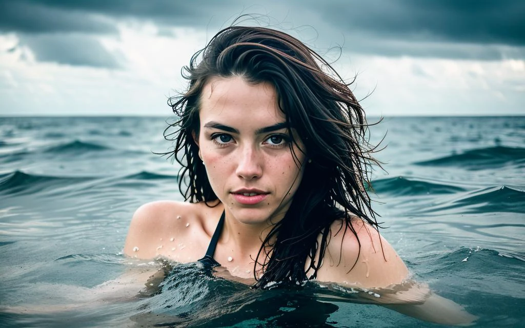 analog style, RAW photo, photography, hyper photorealistic, sharp focus, amateur photo of woman swim in middle of the sea, (half body inside water:1.3), wet, day time, clear cloudy sky, an island far in background, soft natural raw lighting, highly detailed, best quality, ultra detailed, extremely detailed, taken from mobile camera, f/22, deep depth of field, grain, noise, flashlight, (long shot:1.2)