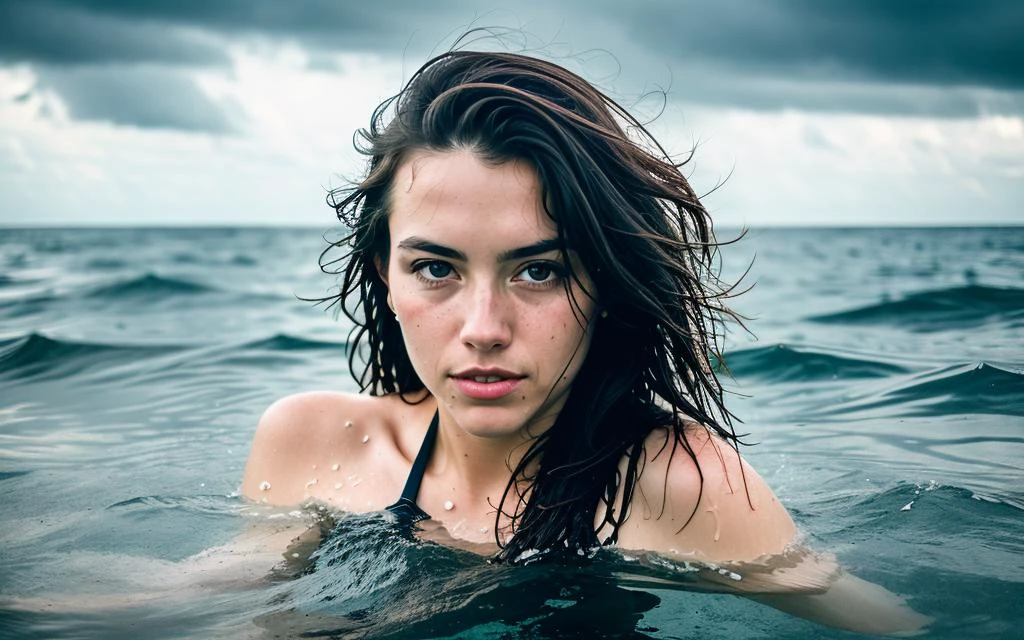 模拟风格, RAW 照片, 摄影, 超写实, sharp Focus, amateur photo oF woman swim in middle oF the sea, (halF body inside water:1.3), 湿的, 白天, 晴朗多云, an island Far in background, soFt natural raw lighting, 非常详细, 最好的质量, 极其详细, 极其详细, taken From mobile camera, F/22, deep depth oF Field, 粮食, 噪音, Flashlight, (远射:1.2)