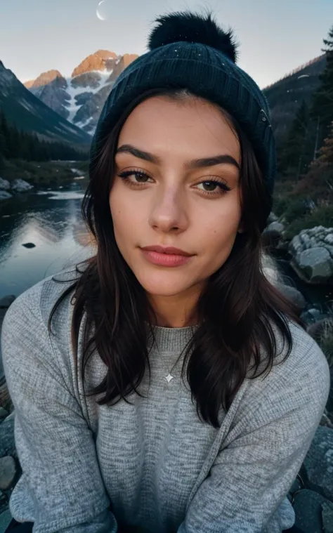 photorealistic, best quality, hyper detailed, beautiful woman, selfie photo, upper body, solo, wearing pullover, outdoors, (night), mountains, real life nature, stars, moon, (cheerful, happy), sleeping bag, gloves, sweater, beanie, flashlight, forest, rock...