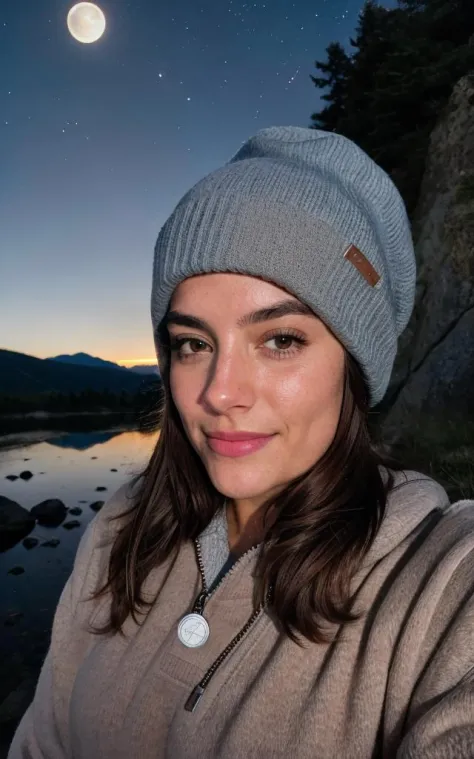 photorealistic, best quality, hyper detailed, beautiful woman, selfie photo, upper body, solo, wearing pullover, outdoors, (night), mountains, real life nature, stars, moon, (cheerful, happy), sleeping bag, gloves, sweater, beanie, flashlight, forest, rock...