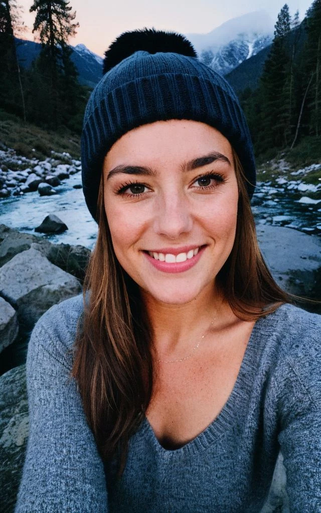 photograph, photo of beautiful woman, selfie, upper body, solo, wearing pullover, outdoors, (night), mountains, real life nature, stars, moon, cheerful, happy, gloves, sweater, beanie, forest, rocks, river, wood, smoke, fog, looking at viewer, skin texture, photo grain, close up, RAW photo