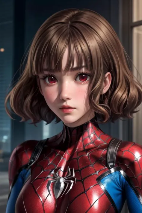 masterpiece, best quality, movie still, 1girl, solo, looking at viewer, , depth of field, anime coloring, realistic, <lora:yuki_kurihara:0.70>, yuki_kurihara, brown hair, red eyes, , spider-woman costume, , 12k resolution