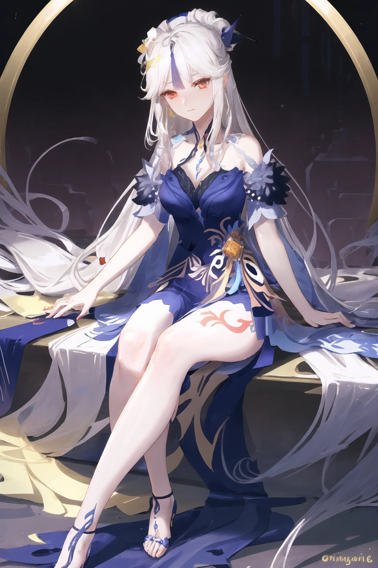 (extremely detailed CG unity 8k wallpaper,masterpiece, best quality, ultra-detailed),(best illumination, best shadow, an extremely delicate and beautiful), floating, high saturation,
dynamic angle, ((1girl)), gorgeous, ningguang \(orchid's evening gown\) \(genshin impact\), 
white hair, red eyes, very long hair,  hair ornament, bangs