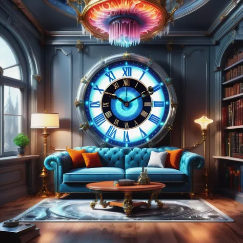 ((best quality)), ((masterpiece)), ((realistic,digital art)), (hyper detailed),DonMR0s30rd3rXL Library, Clocks,Sofa,Candles,Cutt...