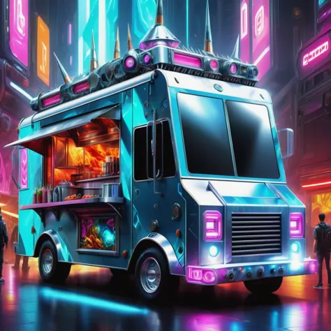 ((best quality)), ((masterpiece)), ((realistic,digital art)), (hyper detailed),DonMR0s30rd3rXL High-tech Cyber Street Food Truck...