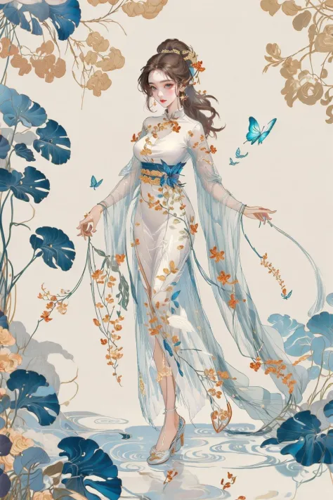 masterpiece,best quality,ultra-detailed,1girl,full body,forest,mountain,butterfly,rock,vase,yellow flowers,white dress,<lora:md_20230908164736-000019:0.8>,