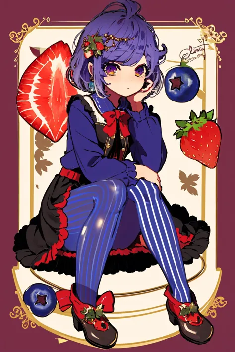 pisces, 1girl, solo, striped, purple hair, pantyhose, vertical stripes, blueberry, ahoge, bow, food, jewelry, fruit, red footwea...