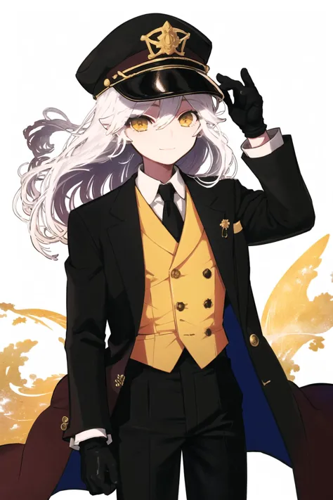 pisces, 1boy, hat, male focus, yellow eyes, gloves, solo, edmond dantes (fate), simple background, pants, looking at viewer, bla...