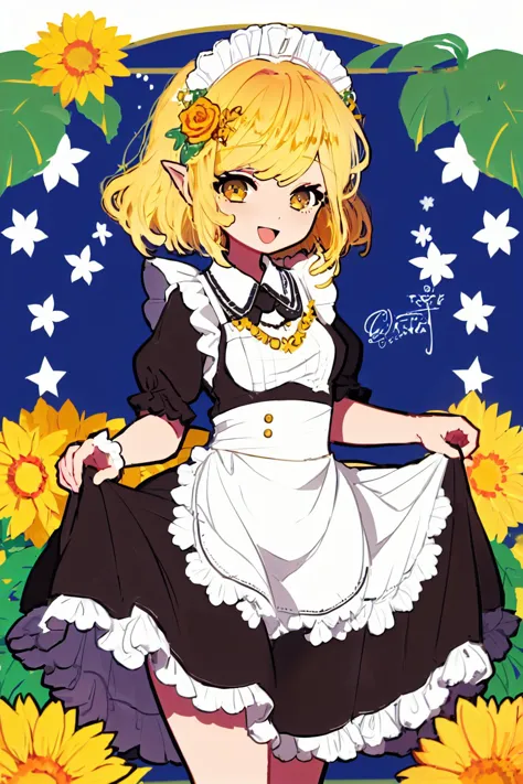 pisces, 1girl, food, apron, solo, honey, maid headdress, yellow theme, short sleeves, pancake, holding, dress, short hair, fruit...