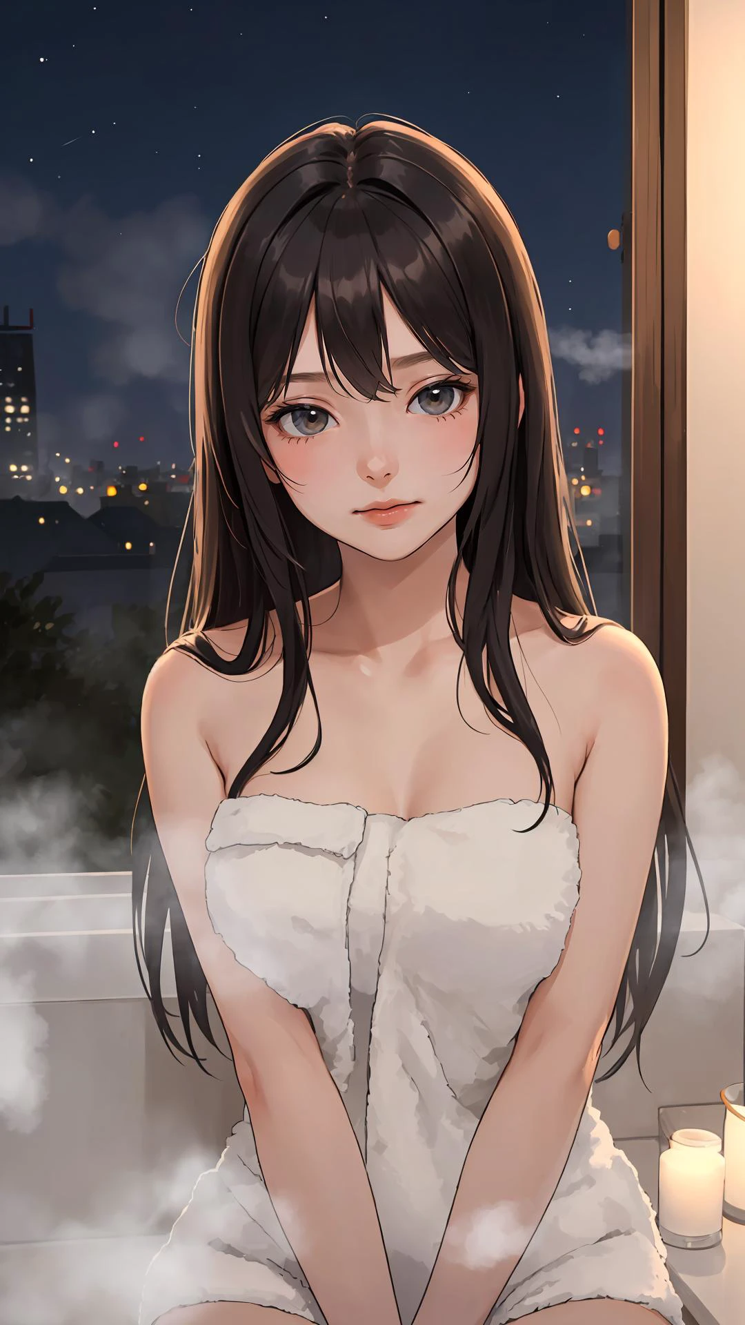 (masterpiece, best quality:1.4), 1girl, looking at viewer, 
(wavy hair:0.8), long hair, 
(on front), on bath, naked towel, fog, steam,
{upper body|cowboy shot},
{night|morning|dawn}, 
{indoors|outdoors}, 
{sitting|standing|ground},