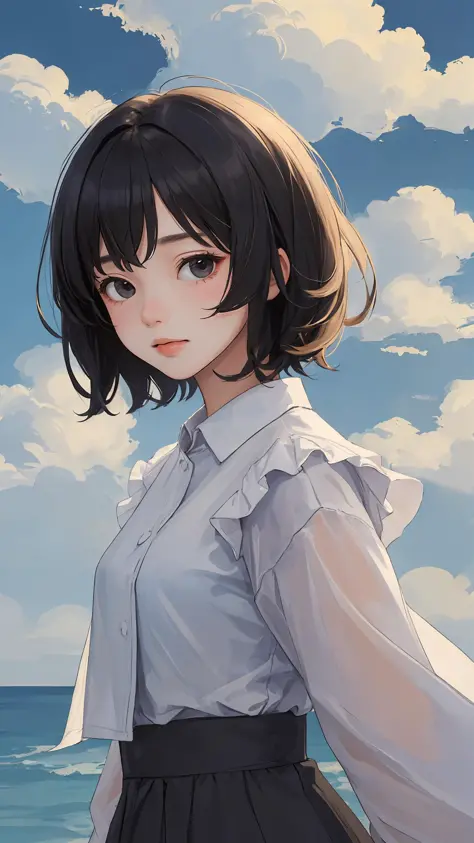 (masterpiece, best quality:1.4), looking at viewer, on_front,
(wavy hair:0.8), short hair, black hair, cloudy sky,