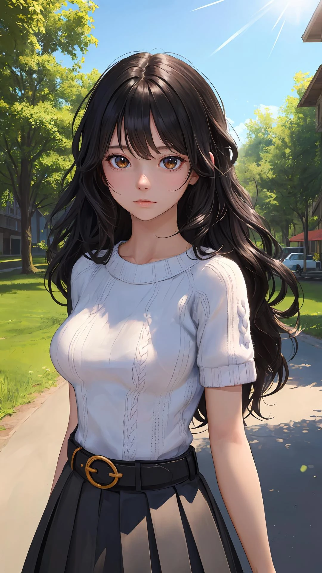 (absurdres), (intricate details), (extremely detailed), (looking at viewer), (masterpiece:1.2),(best quality:1.2), 
(girl), (shiny skin:1.2), cinematic, (upper body), medium breasts, outdoors, town, natural wavy, very long hair,
 bang, (black_theme), curious face, black hair, day with sunlight,
(knit with skirt), standing,
short_sleeves, thighhighs,
belt,
