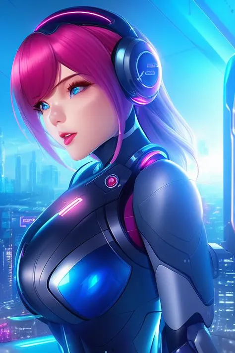 illustrated sakimi-style (closed-up:1.3) photo shot of a beautiful futuristic scifi (girl:1.2), detailed face, high quality face, beautiful, highly detailed, high quality, 8k, energy light, metal, shiny, cyberpunk style, neon light, city in background, (surface scattering:1.3), reflection