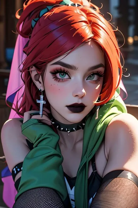 beautiful, masterpiece, best quality, ((adult)), extremely detailed face, perfect lighting, 1girl, 
solo, realistic
 FrankieFoster, green hoodie, purple skirt, ponytail, choker, midriff, fashi-girl
realistic, GothicC, gloves, pants, dress, elbow gloves, veil, jewelry, thighhighs, hat, high heels, gothic, necklace, fishnets, skirt, spikes, spiked collar, cross, torn clothes, earrings, collar, shoulder cutout, cross necklace, fingerless gloves, pantyhose, belt, choker, black nails, tattoo, fishnet pantyhose, black lips, makeup, arm tattoo, piercing, miniskirt, detached sleeves, crop top, corset, shorts, garter straps, eyeshadow, nail polish, multicolored hair, see-through