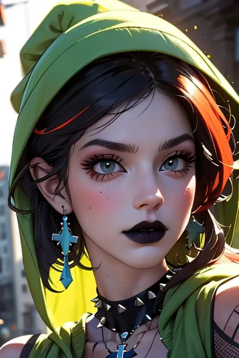 a close up of a woman with a green hood and a necklace