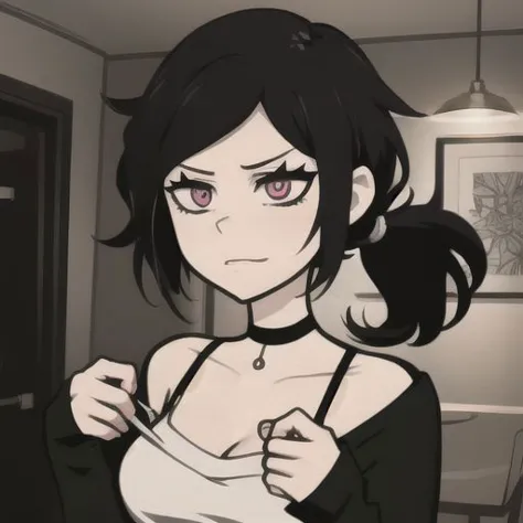 anime girl with black hair and a white top holding scissors