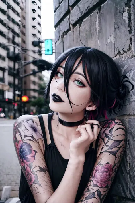 arafed woman with black hair and tattoos leaning against a wall