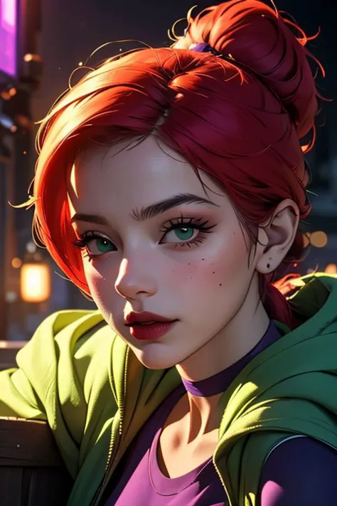 beautiful, masterpiece, best quality, ((adult)), extremely detailed face, perfect lighting, 1girl, 
solo, realistic
 FrankieFoster, green hoodie, purple skirt, ponytail, choker, midriff, fashi-girl
realistic, GothicC