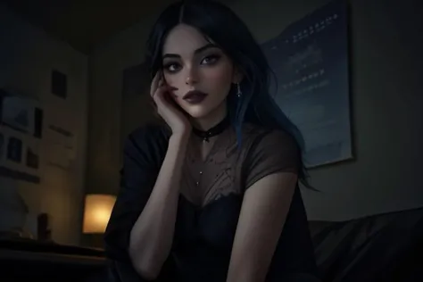 too cute to be true, 18years old, night sky,  close-up, messy hair, in a dimly lit modern apartment, looking at viewer, pure sleep, night,  lineart, female, girl, feminine,  woman, (skinny:1.4), (flat chest:1), GothicC,makeup, negligee,,Blue hair,messy hair, fine-details, flat-colors, hatched-texture, detailed face, (detailed eyes:1.1), masterpiece, clear, in-focus, clean lines,