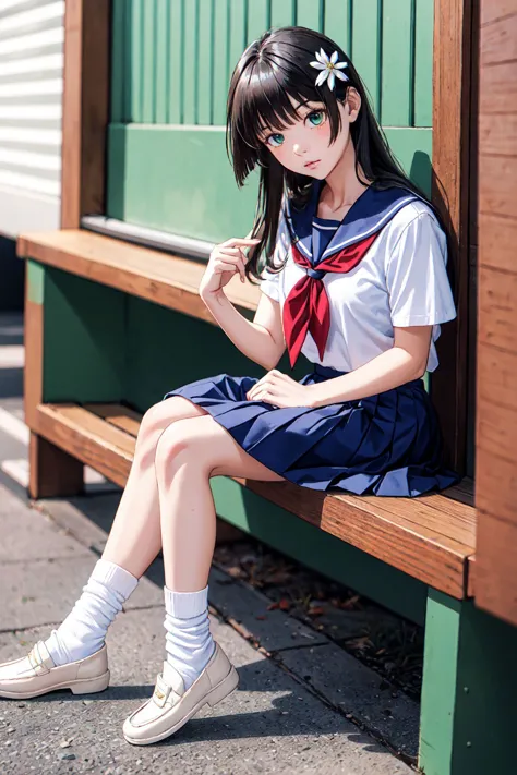 anime girl sitting on a bench with her legs crossed