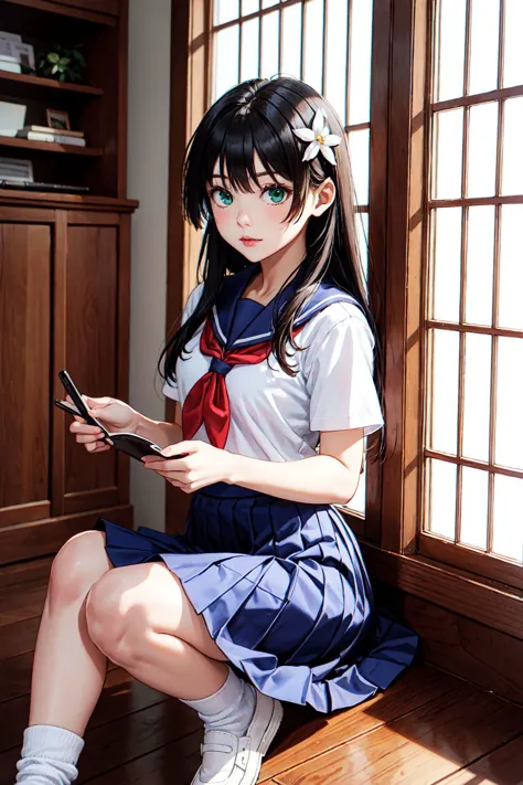 saten_ruiko, <lora:saten_ruiko-06:0.6>, 1girl, solo, long hair, skirt, shirt, black hair, hair ornament, holding, school uniform, green eyes, white shirt, flower, short sleeves, pleated skirt, shoes, serafuku, socks, hair flower, sailor collar, black footwear, blue skirt, neckerchief, brown footwear, white socks, blue sailor collar, loafers, red neckerchief, sakugawa school uniform, best quality, amazing quality, very aesthetic, absurdres