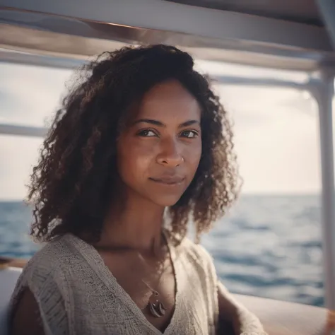 half body portrait of a woman on a catamaran cruise ship, shot on kodak gold 400