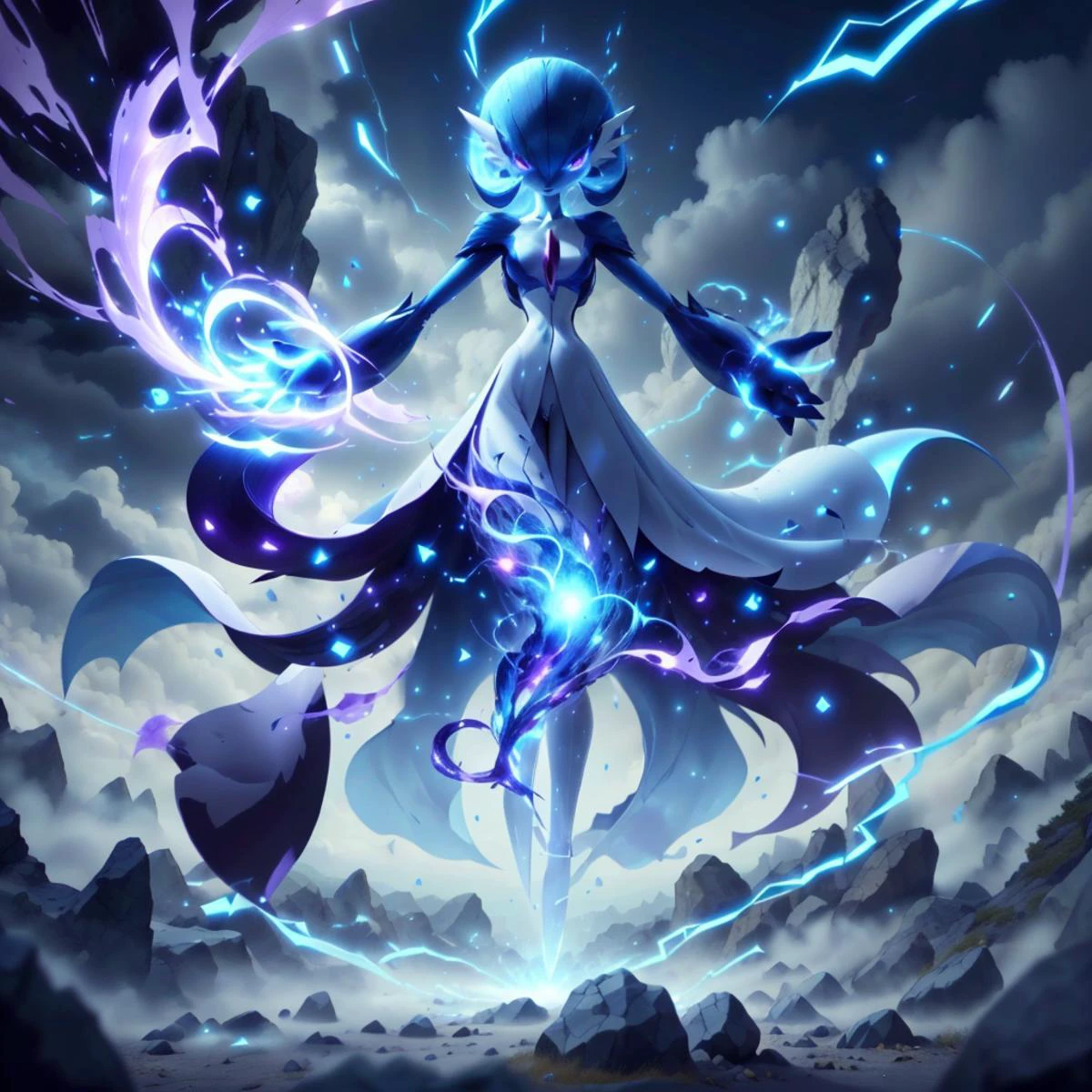 thundermagic , excessive energy ,  charged aura, 
best quality, (Masterpiece) , full body, simple background , dynamic pose, (blue hair), blue skin , hair over one eye, multicolored skin, pokemon \(creature\), purple eyes, short hair, two-tone skin, white skin , cloudy sky, wide shot, glowing eyes, floating object, rocks, gardevoir , long skirt ,