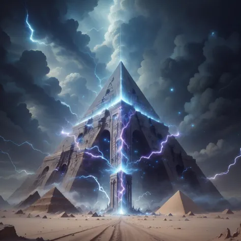 a large pyramid with lightning in the middle of it