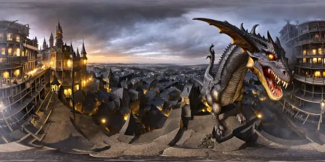 <lora:360:1>, panorama, 360, 
  a highly detailed fire breathing medieval fantasy dragon with fire emitting from the mouth, dark...