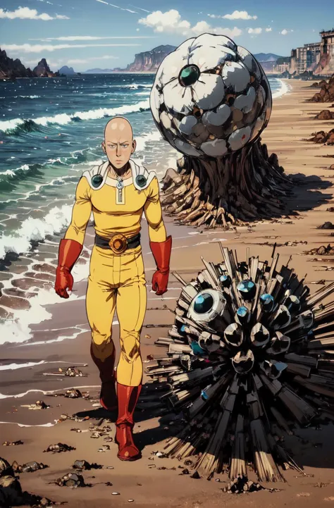 a cartoon picture of a man walking on a beach next to a giant ball