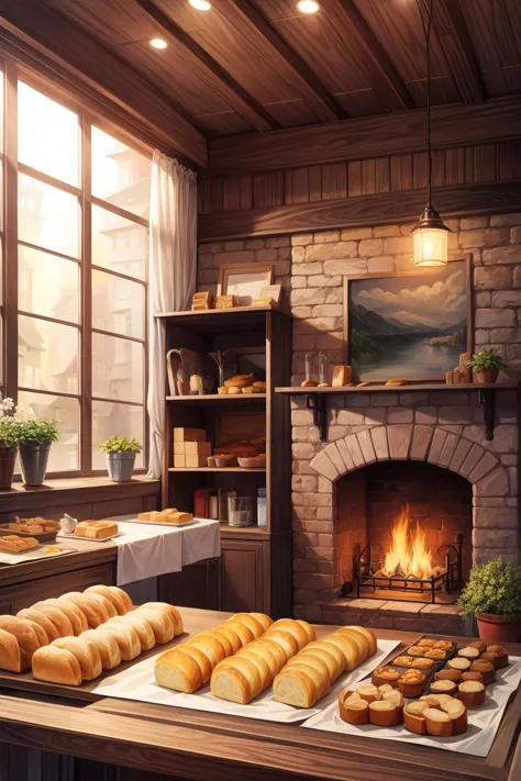 village bakery, aroma of fresh bread, rows of pastries, warm hearth, a gathering place, detailed background, <lora:add_detail:1>...