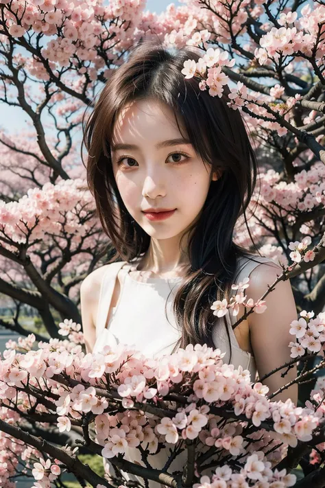 a woman standing in front of a tree with pink flowers