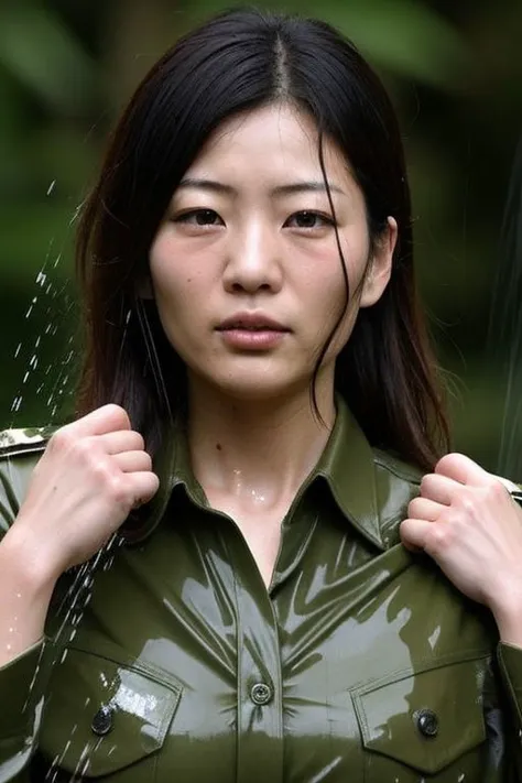 araffe woman in a green shirt is holding a umbrella